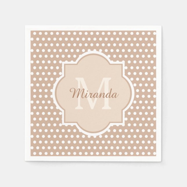 Modern Tan Polka dots med Monogram och Namn Pappersservett (Framsidan)