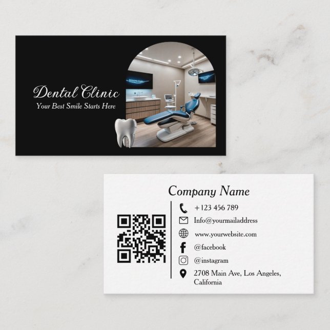 Modern Tandklinik QR-kod svart och vit Visitkort (Fram/baksida)