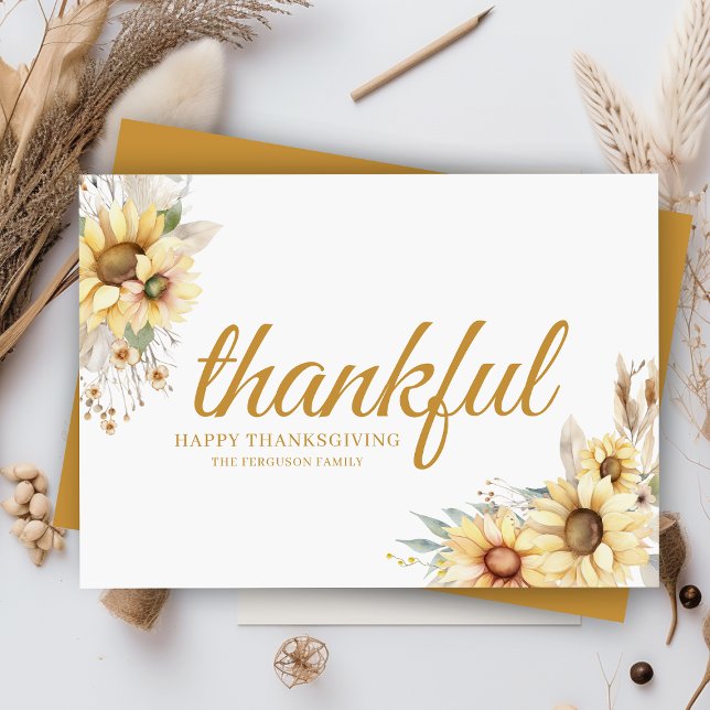 Modern tänksam minimal Chic Happy thanksgiving Julkort (elegant thankful watercolor flowers autumn fall thanksgiving cards with personalized message)