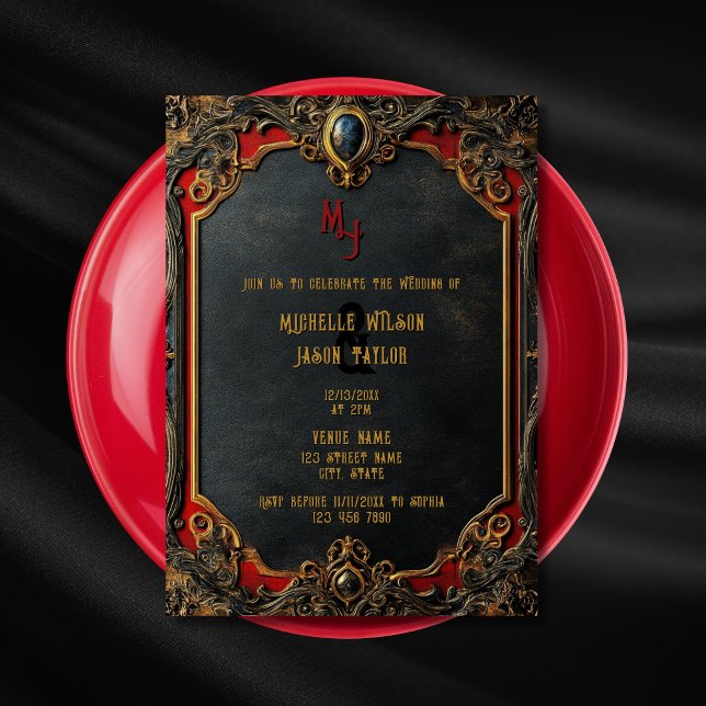 Modern Tarot Gothic Black och Guld Monogram Inbjudningar (black, gold and red gothic medieval wedding invitation)