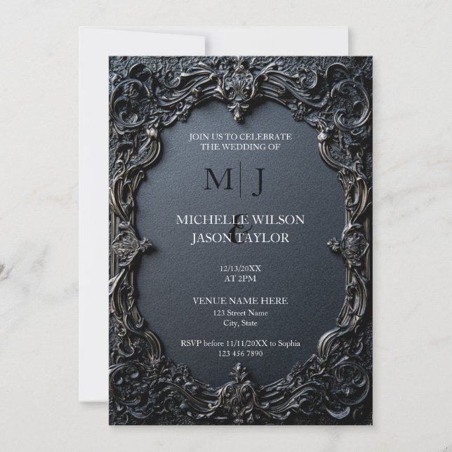 Modern Tarot Gothic Svart och Guld Monogram Inbjudningar (Framsida)