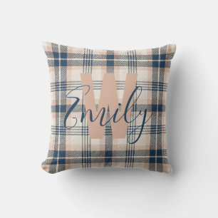 Modern Tartan Blue Cream Monogram Kudde