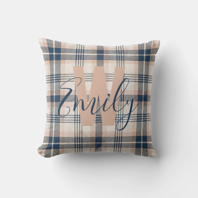 Modern Tartan Blue Cream Monogram Kudde (Framsida)