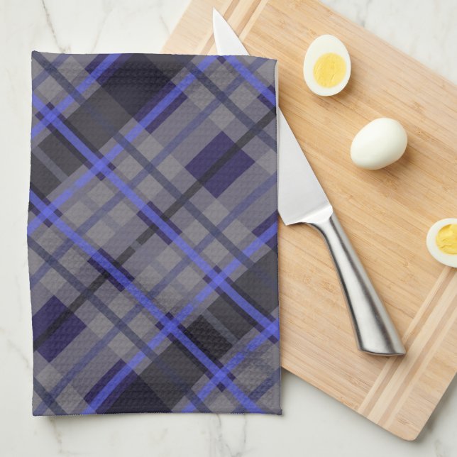 Modern Tartan Blue Grått Black Mönster Kökshandduk (Vikt i Fjärdedel)