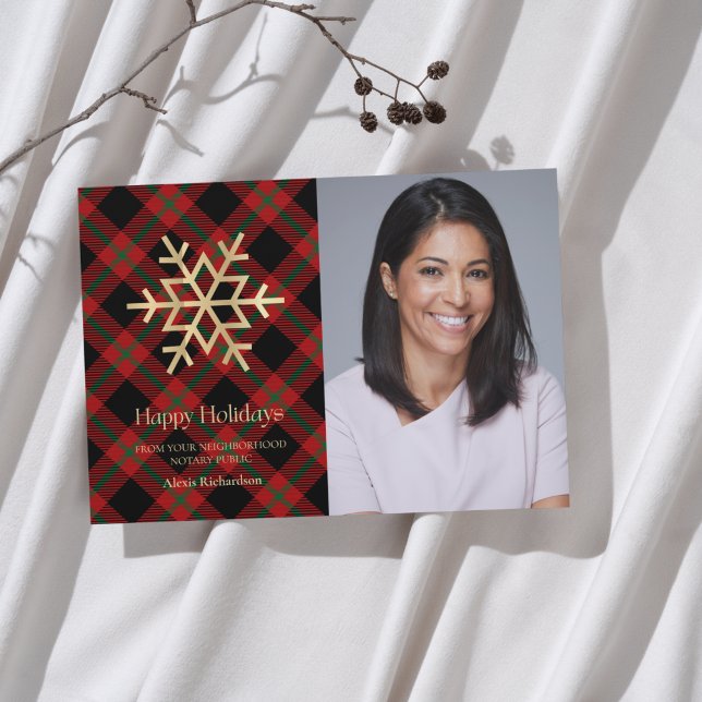 Modern Tartan Guld Snowflake Notary Glad helg Julkort (Skapare uppladdad)