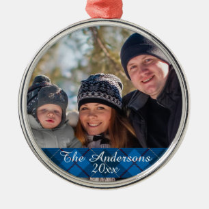 Modern Tartan Plaid Anpassningsbar Family Photo Si Julgransprydnad Metall