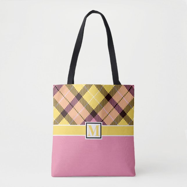 Modern Tartan Play Anpassningsbar Monogram Script  Tygkasse (Framsida)