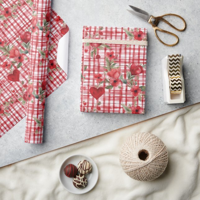 Modern Tartan Red Blommönster Presentpapper (Hantverk)