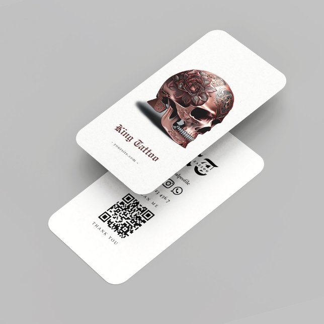 Modern Tattoartist Rosegold Skull Qr Code White Visitkort (Modern Tattoo Artist Rosegold Skull Qr Code White Business Card
)