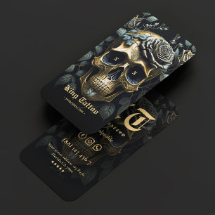 Modern Tattoo Artist Blommigt Skull Guld Gothic Visitkort