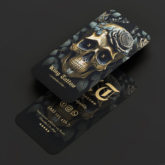 Modern Tattoo Artist Blommigt Skull Guld Gothic Visitkort (Modern Tattoo Artist Floral Skull Gold Gothic Business Card
)