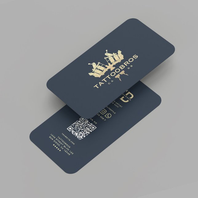Modern Tattoo Artist Guld Professionell Mörk blått Visitkort (Modern Tattoo Artist Gold Professional Gold Foil Tattoo Machine Dark Blue Business Card
)
