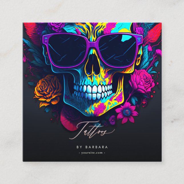 Modern Tattoo Artist Guld Script Blue Rosa Lila Fyrkantigt Visitkort (Framsida)