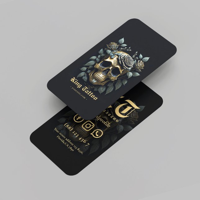 Modern Tattoo Artist Skull Black Guld Monogram Visitkort (Modern Tattoo Artist Skull Black Gold Monogram Business Card
)