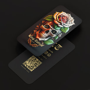 Modern Tattoo Artist Skull Monogram Black Guld Visitkort