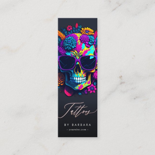 Modern Tattoo Artist Skull Ro Blue Lila Rosa Mini Visitkort (Framsida)