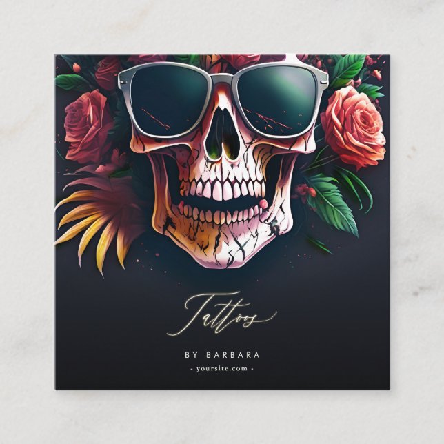 Modern Tattoo Artist Skull Ro Sunglass Fyrkantigt Visitkort (Framsida)