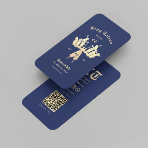 Modern Tattoo Artist Tatto Shop Guld Blue QR Visitkort