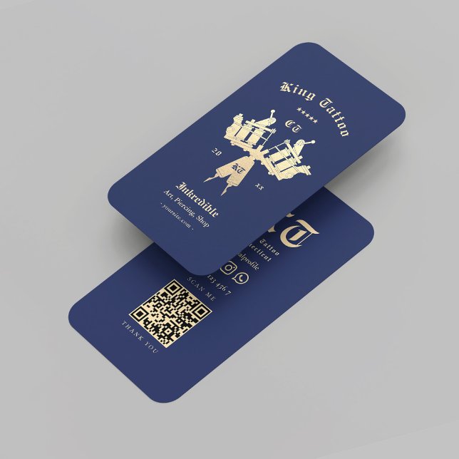 Modern Tattoo Artist Tatto Shop Guld Blue QR Visitkort (Modern Tattoo Artist Tattoo Shop Gold Blue QR Business Card
)