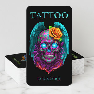 Modern tatueringskonstnär Bevingad Skalle Gotisk S Visitkort