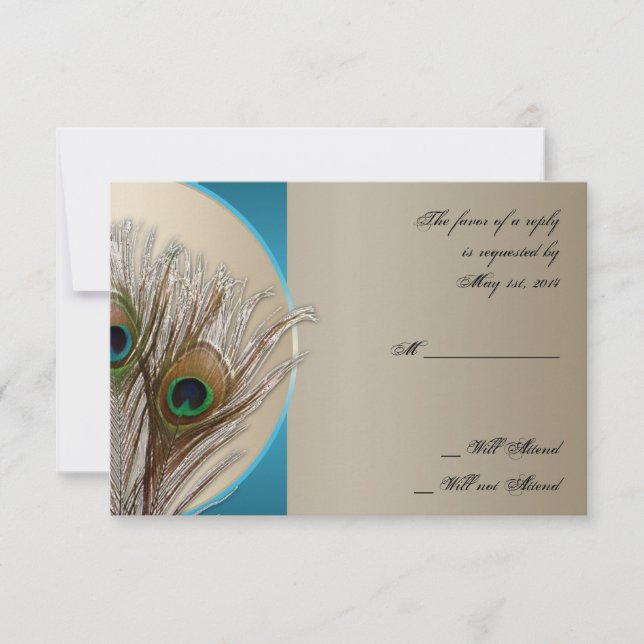 Modern Taupe Aqua Peacock Feather Responcard OSA Kort (Framsida)