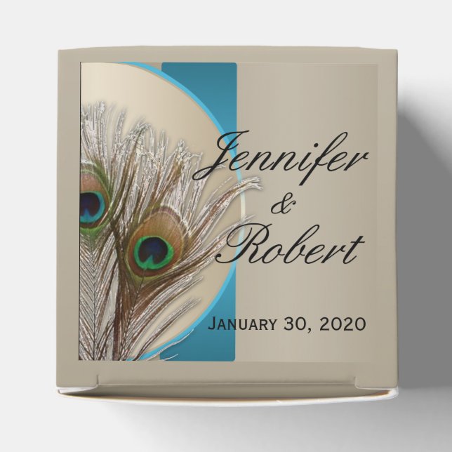 Modern Taupe Aqua Peacock Feather Wedding Favor Bo Presentaskar (Överdel)