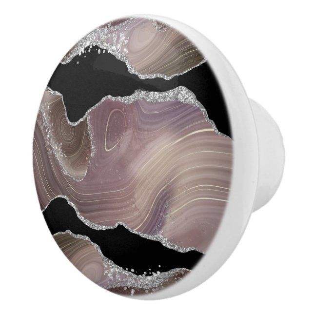 Modern Taupe & Black Agate Silver Glitter Geode Knopp (Höger)