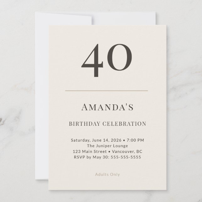 Modern Taupe & Cream 40-årsfirande Inbjudningar (Framsida)