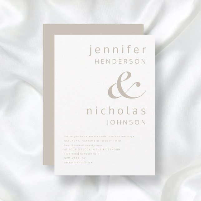 Modern Taupe Et-tecken Bröllop Inbjudningar (Front / Taupe Beige Simple Modern Typography Wedding Invitation)