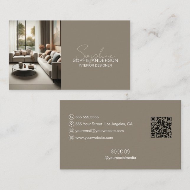 Modern Taupe Inredningsdesigner Foto QR Visitkort (Fram/baksida)