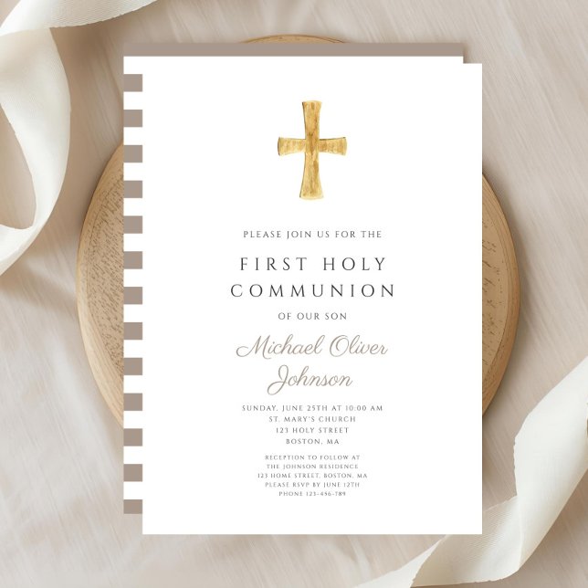Modern Taupe Kor Boy First Communion Inbjudningar (Modern Taupe Cross Boy First Communion Invitation)