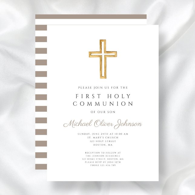 Modern Taupe Kor Boy First Communion Inbjudningar (Modern Taupe Cross Boy First Communion Invitation)