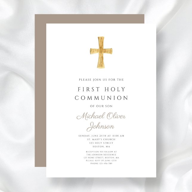 Modern Taupe Kor Boy Heliga Communion Inbjudningar (Modern Taupe Cross Boy Holy Communion Invitation)