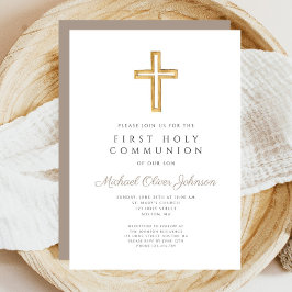Modern Taupe Kor Religiösa Boy First Communion Inbjudningar