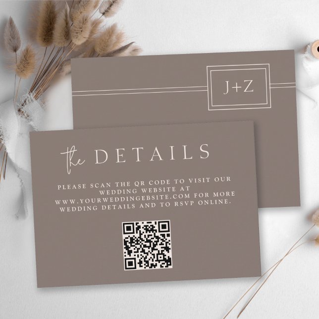 Modern Taupe Minimalist Monogram QR-kod Detaljer Tilläggskort (Skapare uppladdad)