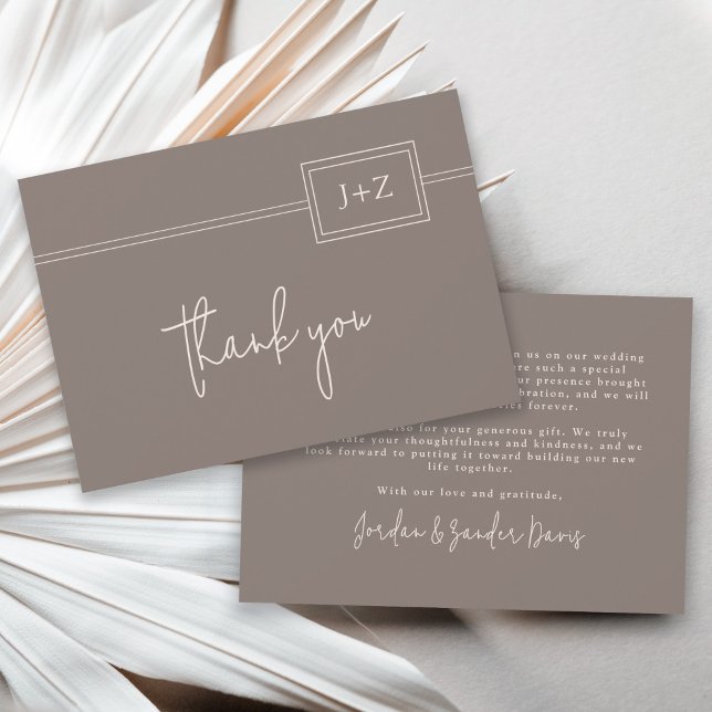 Modern Taupe-minimalistisk Monogram Bröllop Tack (Skapare uppladdad)