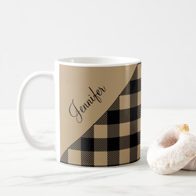 Modern Taupe Pput Check Mönster Namn Kaffemugg (Med munk)