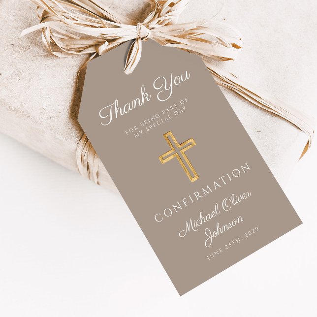 Modern Taupe Religious Cross Boy Confirmation Presentetikett (Modern Taupe Religious Cross Boy Confirmation Gift Tags)