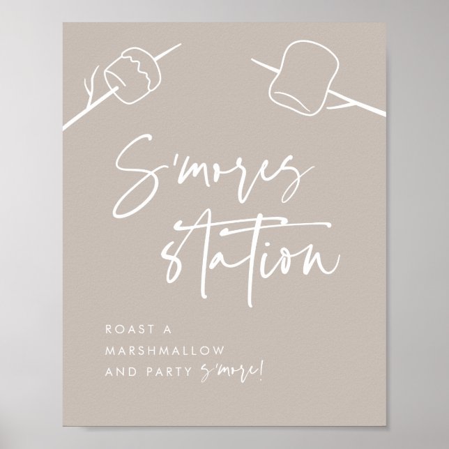 Modern Taupe-skript Marshmallow S'mores Station Poster (Framsidan)