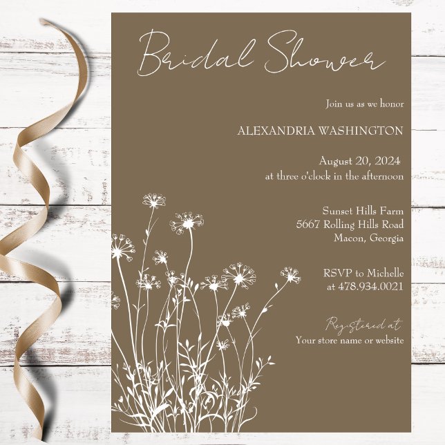 Modern Taupe & Vit Blommig Bröllopsdusch Inbjudningar (Skapare uppladdad)