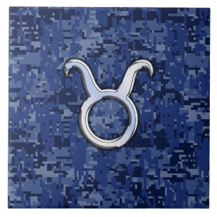 Modern Taurus Zodiac - signera blå digitalkamoufla Kakelplatta
