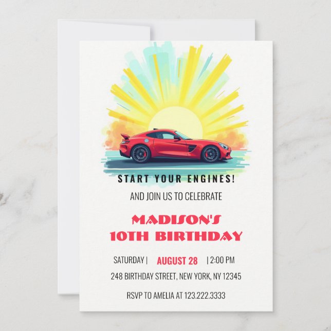 Modern Tävla Red Sport Car Birthday Inbjudningar (Framsida)
