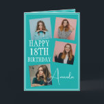 Modern Teal 4 Photo Collage 18:e födelsedagen Kort<br><div class="desc">Fira en milstolpe-födelsedag med ett modernt och elegant fyrfoto-kollage. Den här designen fångar omhuldade minnen och tillför en personlig beröring till en 18:e födelsedagskalender,  skapar den som en viktig sak att uppskatta.</div>