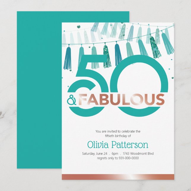 Modern Teal 50 och Fabulous 50 Birthday Inbjudningar (Fram/baksida)
