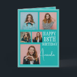 Modern Teal 5 Photo Collage 18:e födelsedagen Kort<br><div class="desc">Fira en milstolpe-födelsedag med ett modernt och elegant femfotokollage. Den här designen fångar omhuldade minnen och tillför en personlig beröring till en 18:e födelsedagskalender,  skapar den som en viktig sak att uppskatta.</div>