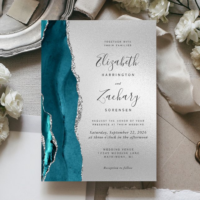 Modern Teal Agat Silver Bröllop Inbjudningar (Skapare uppladdad)