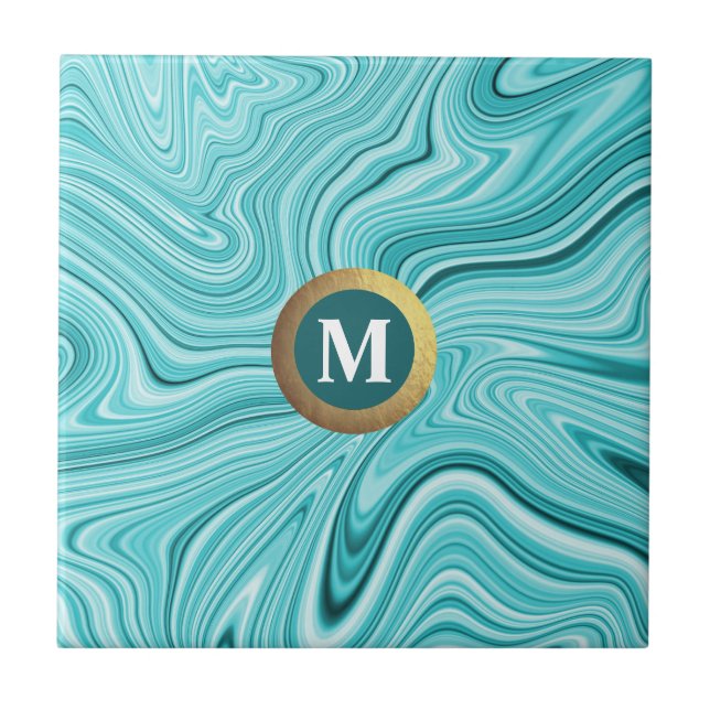 Modern teal agate monogram kakelplatta (Framsidan)