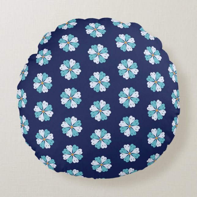 Modern Teal And Blue Floral Motif Rund Kudde (Framsidan)