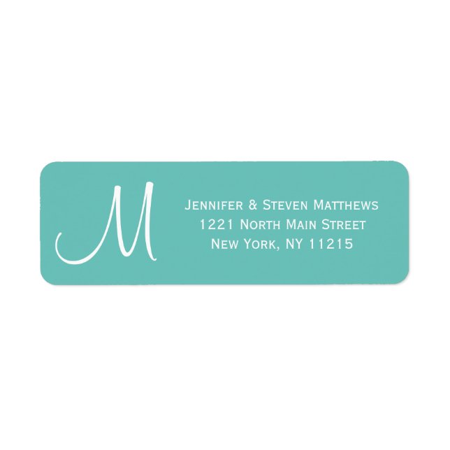 Modern Teal and White Monogram Namn Returadress Etikett (Framsidan)