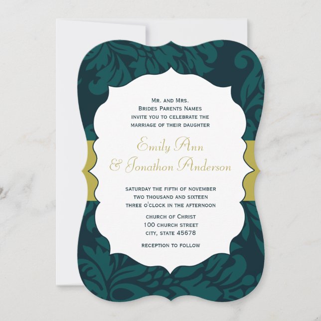Modern Teal Aqua och Lime Damask Wedding Inbjudan (Framsida)